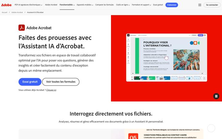Aperçu du site de Adobe Acrobat Assistant IA